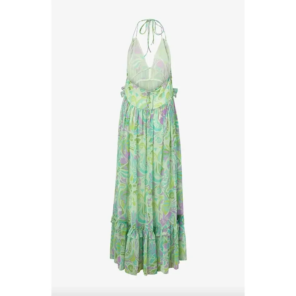 Mango Maxi Dress Chiffon Printed Ruffle Resort Boho Green A Line Medium NWT - Picture 3 of 16